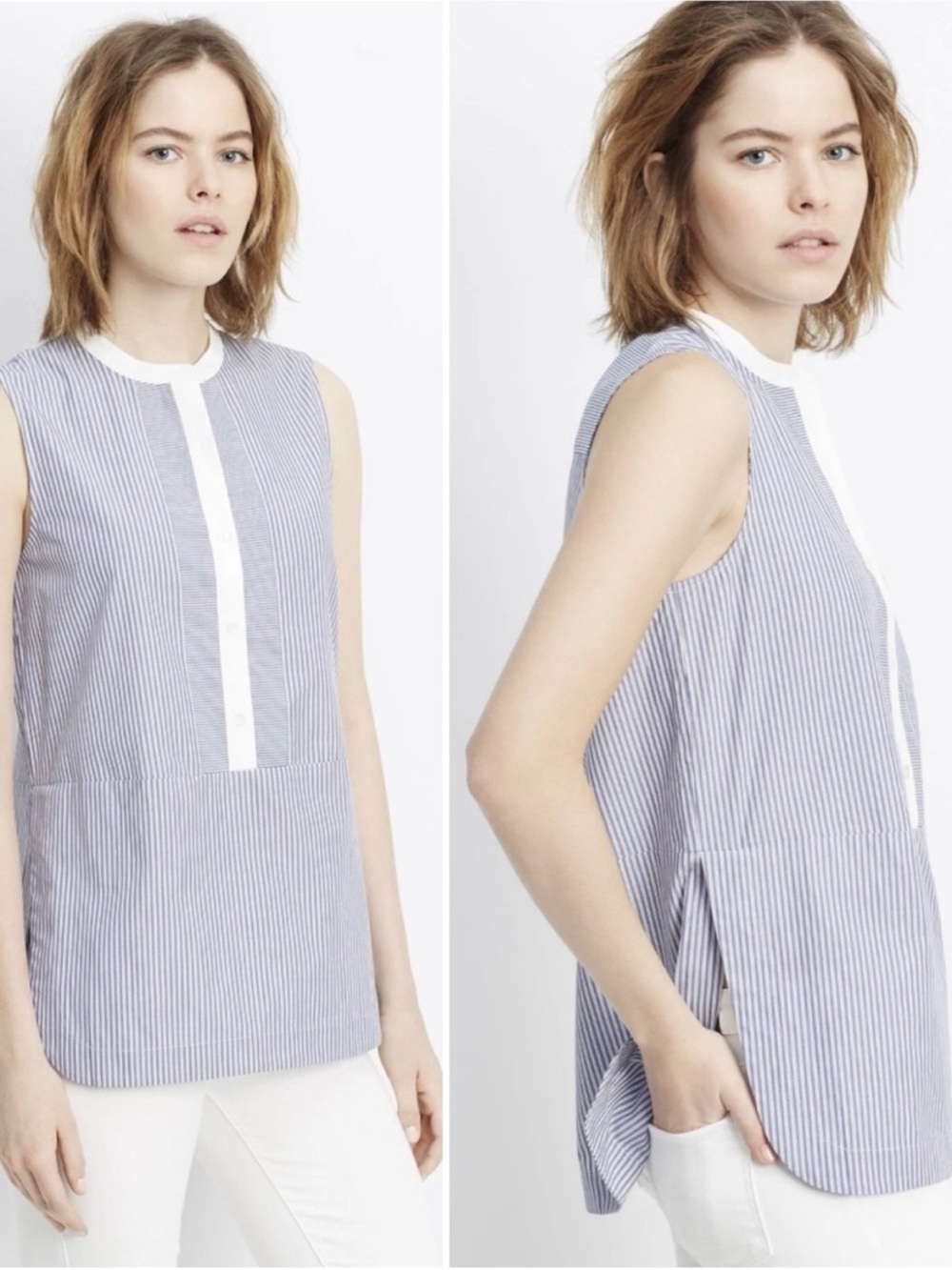 VINCE Cotton Sleeveless Striped Blue White Top Blouse